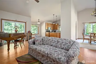 Family Room looking into kitchen nook, kitchen, and dining room