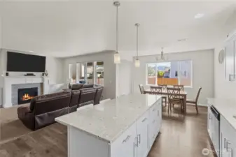 View from kitchen, overlooking the bar space, living room and dining area.
