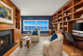 Richly appointed cherrywood library and duo desk locations.