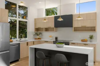Chef’s kitchen with Bosch & Whirlpool stainless appliances + quartz counters.