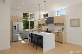 Stylish waterfall quartz island with designer pendant lighting.