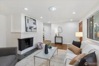 Wood burning corner style fireplace.