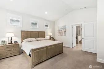 Primary suite is large spacious and bright with vaulted ceilings. Feels like you are at a resort.  Makes every day feel like a vacation!