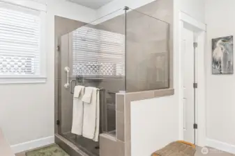 Shower in primary bath has a bench and grab bars
