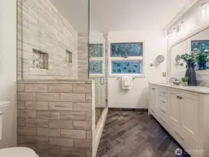 Master Bathroom with double vanity and shower