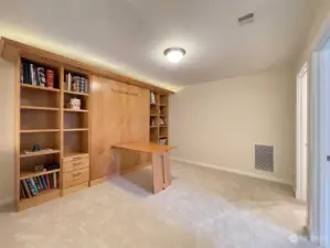 Pull-down table with bookshelves, drawers and built-in lights