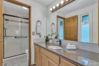 Remodeled primary bathroom with large shower