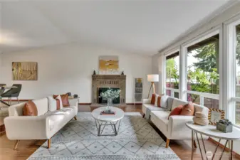 Gas fireplace and large picture windows