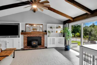 Built-in shelves and slider to backyard.