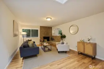 Living room with wood-burning fireplace