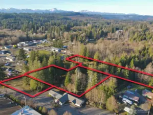 Overhead view with approximate boundaries in red. Refer to survey.