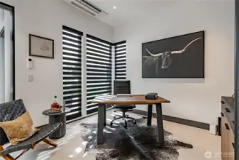 Office off of main entry with stylized black-out blinds and custom built-in's.