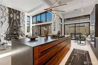 The island is Neolitch Pitt with Pitt gas cooktop. Gaggenau telescopic hood and elevates out of the island in lieu of a standard hood.