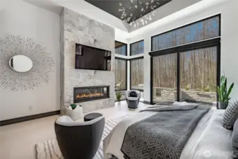 Primary fireplace with mounted TV.  Blackout blinds for added privacy.