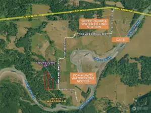 Birdseye view of the area surrounding the property. Notice the gate, septic dump, water filling station and waterfront access to the Cowlitz River are indicated in orange. The approximate boundaries of the subject property are in red and the route to access the property is in white.