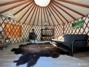 Interior of the yurt. Notice the skylight.