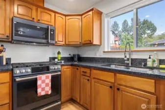 Another view of the kitchen with the large window looking down on to the back yard and large deck.