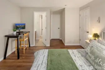 A private 3/4 bath with freshly tiled floors.