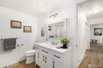 Spacious full bath with refreshed vanity, lighting, and LVP flooring.