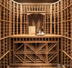 Wine Cellar with leaded rolled glass entry door, custom storage and display