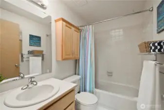 Hall bathroom upstairs with skylight.