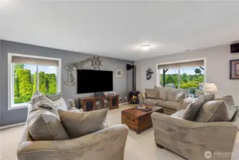 Lower Level is bright and open with gas fireplace, high ceilings and leads to back covered patio. Couches are negotiable