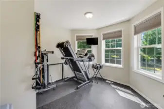 Bonus room upstairs has duel window shades, flooring is cork board. Carpet and pad are available to re-install if needed