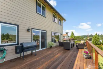 The newly stained deck has built-in low voltage lighting, gas hook-up for fireplace & auto watering for potted plants.