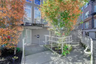 The front entry of the building is secure, with an electronic entry key pad.  A ramp is seamlessly integrated into the entry area for a no-steps approach.