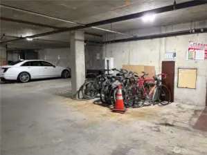 Community bike rack located in the secured garage offers residents a convenient and shared storage option for bicycles—perfect for eco-friendly commuting or weekend rides.