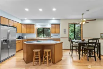 Island and sink overlook the peaceful backyard and garden