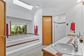 Attached 5-piece bathroom has skylights