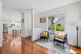 View of the reading/sitting space showing entry and a view of the dining room