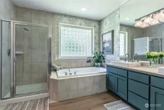 Double vanity, large soaking tub and stand up shower