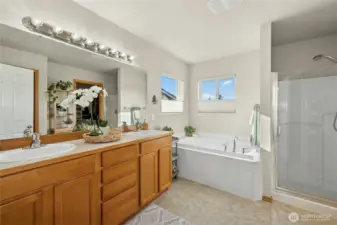 Primary 5-piece bath with soaking tub, shower and private water closet