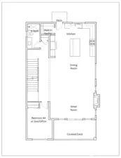 Spacious main floor with huge gourmet kitchen, Great room bedroom/office and 3/4 bath.