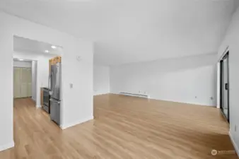 View of the living room and kitchen from the dining space