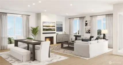 Rendering great room with adjoining casual dining area open onto the covered deck.