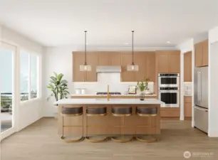 Rendering of the kitchen with an oversized island with an eating bar, quartz countertops, and a walk-in pantry.