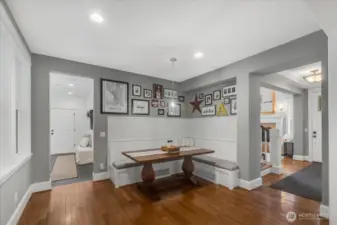 Kitchen leaves to large breakfast nook with built in bench seating.