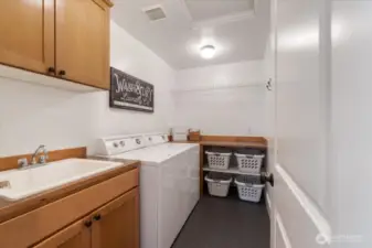 Laundry room is located in upper floor for your convenience. It feature a utility sink and wood cabinetry. Washer and Dryer do not convey with property.