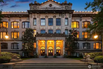Queen Anne High School at night.