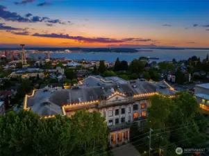 Aerial view of Queen Anne High School dusk.
