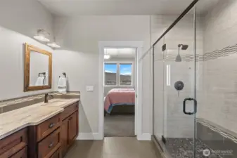 dual head, walk-in shower with bluetooth speaker in fan