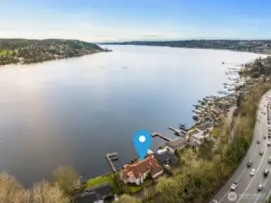 Aerial perspective of this rare wide stretch of Lake Washington living buffered by the Burke Gillman Trail.