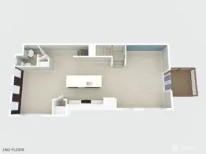 2nd floor plan featuring the open living, dining, kitchen, and deck