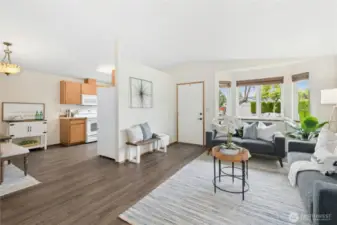 Open flow between living room and kitchen