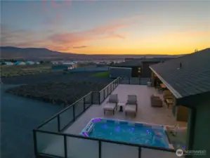 Aerial view and sunset of back patio.