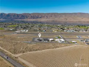 Aerial view of home facing Columbia River.