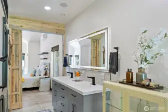 Spacious primary closet is opposite of the vanity.